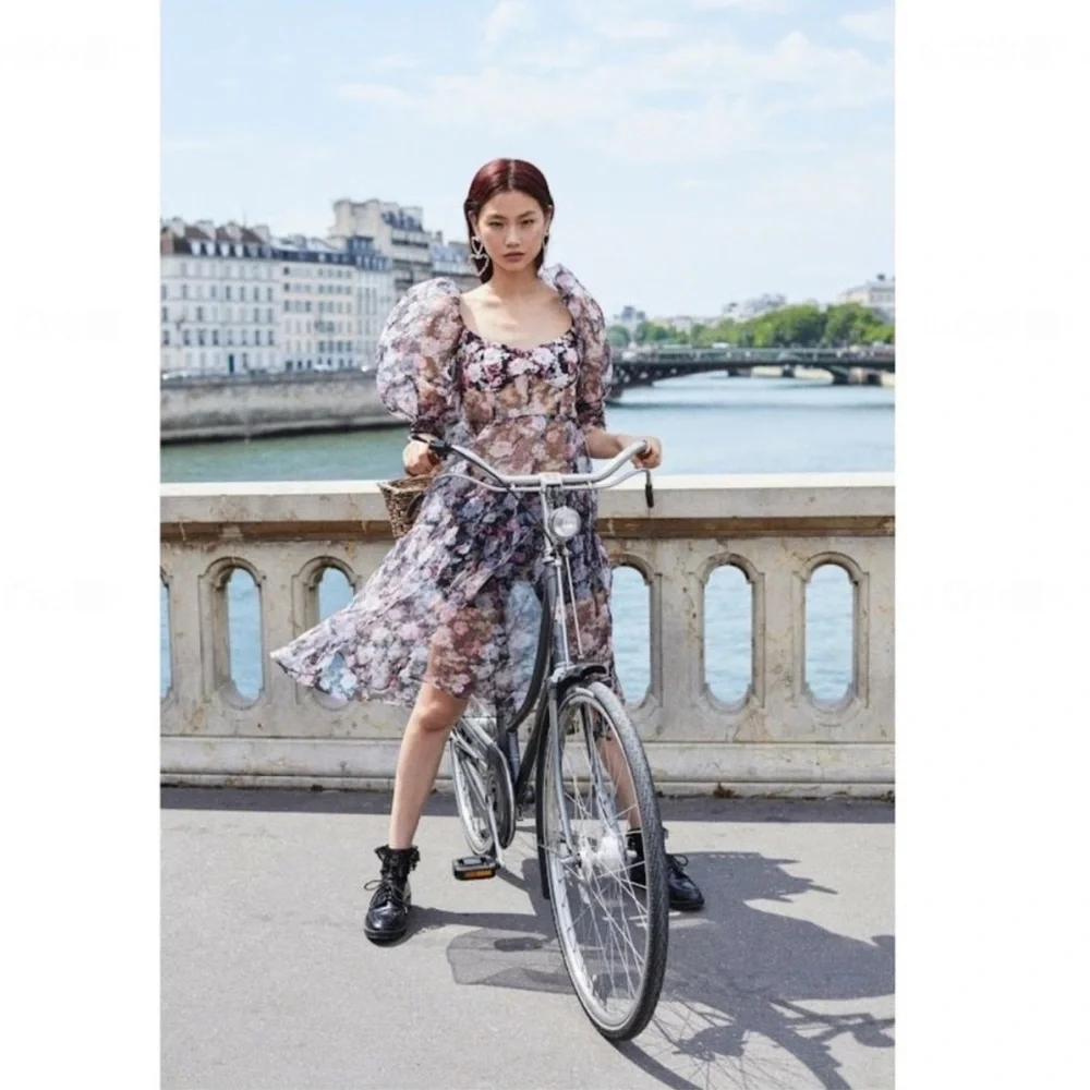 For Love & Lemons Floral Chiffon Dress with Puff Sleeves - Picture 3 of 6